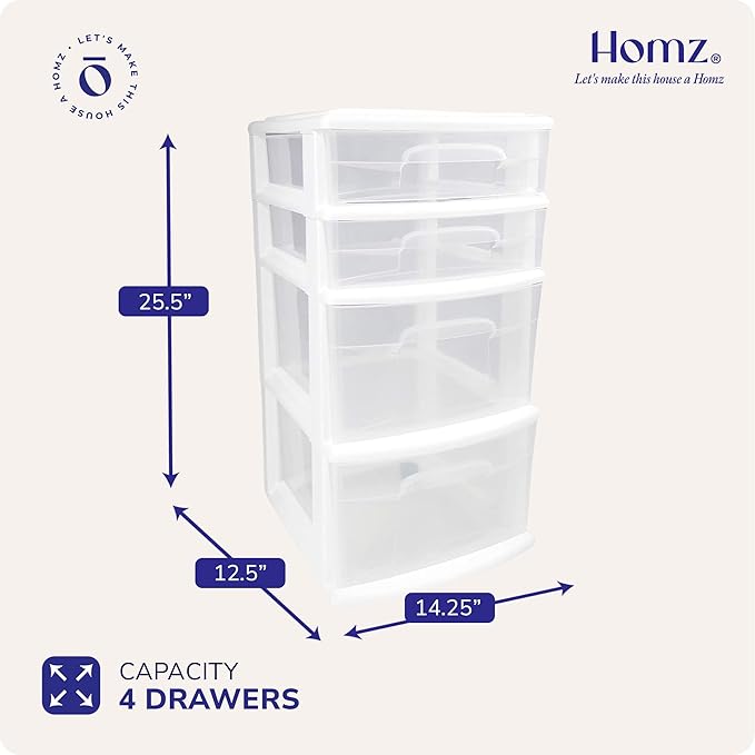 HOMZ 2-Pack Drawer Tower, 4-Tier Clear Plastic Storage Organizer Cart, White Frame - Organizing Containers with Wheels for Home, Bathroom, Bedroom, Office, and Classroom