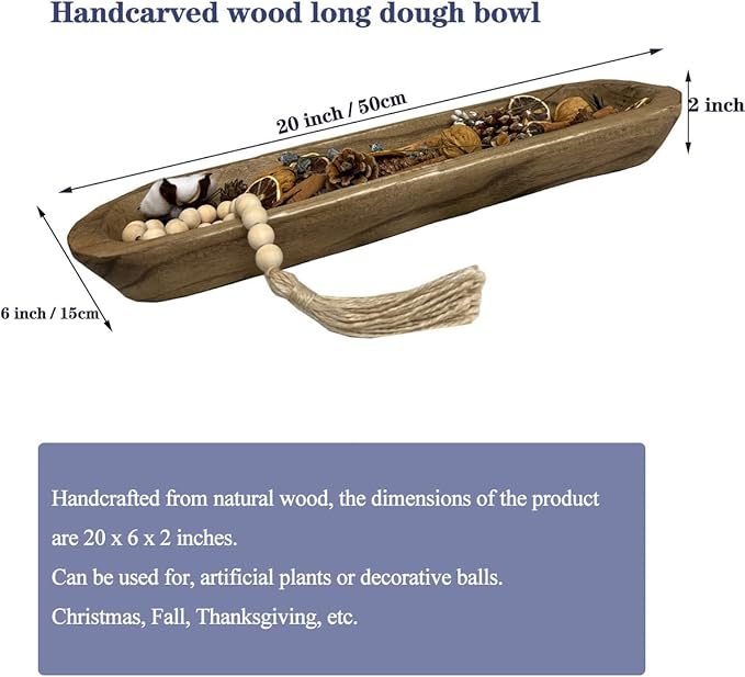 Wooden Dough Bowls Decorative，Rustic Bread Long Bowls Decor Wood Tray, Hand Carved For Table Centerpiece Decor, Home Decor (20 * 6 * 2 inch Brown)
