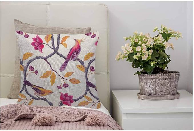 WONDERTIFY Throw Pillow Case Cover Chinoiserie Birds and Flowers Romantic Floral - Soft Linen Pillow Case for Decorative Bedroom/Livingroom/Sofa/Farm House - Couch Pillow Cushion Covers 18x18 Inch