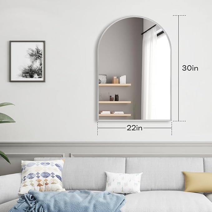 22" x 30" Silver Arched Mirror, Arch Bathroom Vanity Mirror, Modern Aluminum Alloy Metal Frame Arch Mirror for Living Room, Bedroom, Entryway, Tempered Glass, Shatter Proof, Anti-Rust