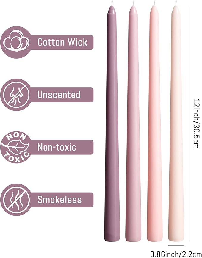 Viyffo 12 Inch Taper Candles Pink with a Purple Hue Set of 4 Unscented Smokeless Long Tall Tapered Candle for Candlesticks Sticks Wedding Advent Home Decor Dinner Christmas