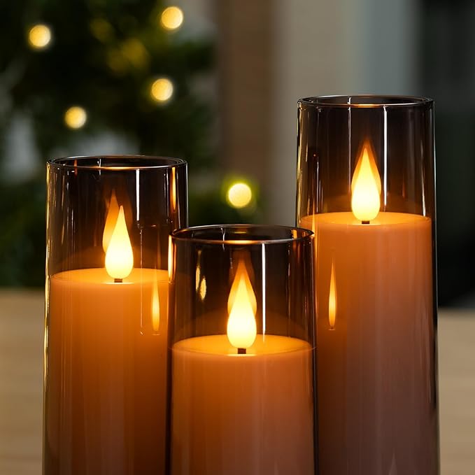 Amagic Grey Flameless Candles 9 Set, Battery Operated Candles with Remote Control and Timer, Flickering LED Pillar Candles for Home Halloween Decor, 3D Wick, Warm Yellow Light, D2.2 xH5 6" 7"