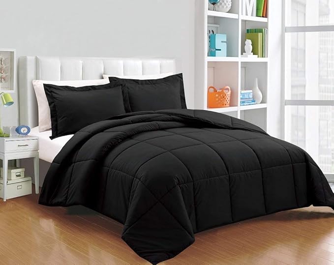 Chezmoi Collection 3-Piece All Season Queen Comforter Set Black, Soft Quilted Down Alernative Duvet Insert with Corner Tabs, Lightweight Microfiber Bedding, 88 x 88 Inches