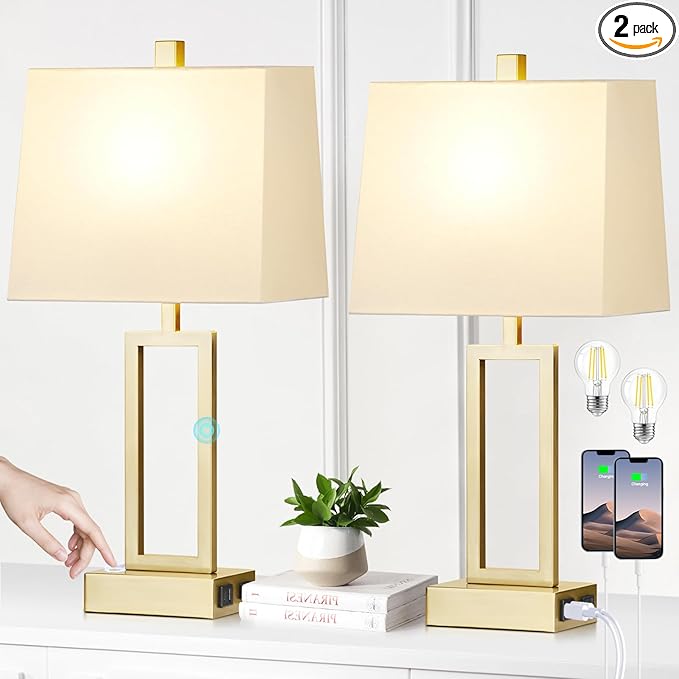 Touch Control Table Lamps Set of 2, Modern Gold Bedside Lamps with USB A+C Ports & AC Outlet, 3 Way Dimmable Contemporary Nightstand Lamps for Bedroom Living Room(LED Bulb Included)