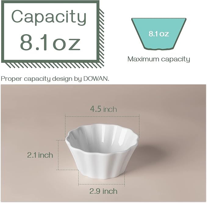 DOWAN Ramekins 8 oz Oven Safe, Creme Brulee Porcelain Ramekins for Baking, Flower-Shaped Custard Cups, Condiments Cups, Souffle Dish, Dipping Bowls, Set of 6, Soft White