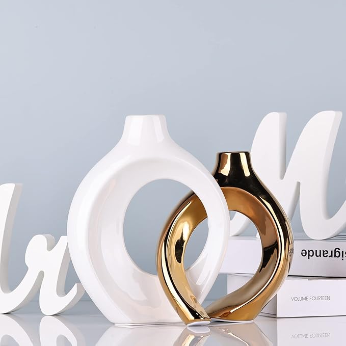 White Gold Ceramic Vase Set of 2 for Modern Home Decor,Round Boho Vase for Pampas Grass,Neutral Minimalist Statue for Dining Room Table Centerpiece Dining Room,Wedding Table Decoration