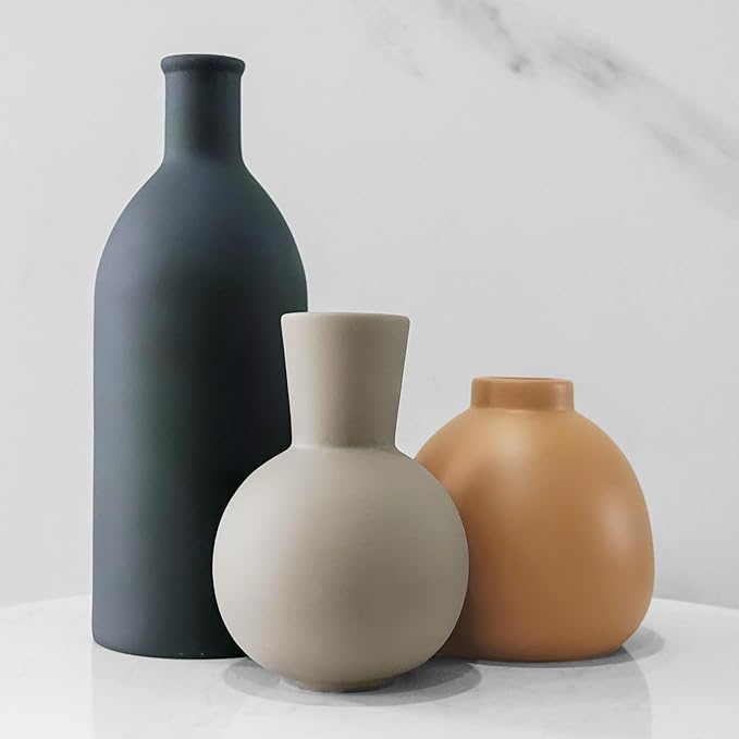 Ceramic Flower Vase Set of 3, Home Decor Vases for Centerpieces, Tulips Flowers Pampas Grass Decor, Boho Rustic Farmhouse Kitchen Bedroom Bathroom Living Room Office Wall Decor Aesthetic -Black