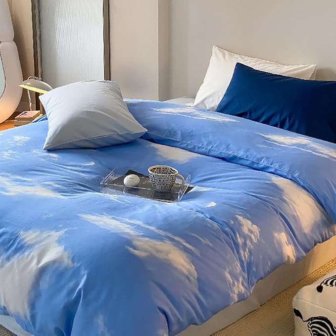 KAREVER Blue Cloud Comforter Set Queen Size Sky Theme Bedding Women 3 Pieces Soft Light Blue Queen Bed Blanket Set for All Season as Gift