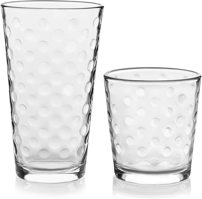 Libbey Awa Tumbler and Rock Glasses Drinking Set, Elegant Polka Dot Drinking Glasses Set of 16, All Purpose Glass Cups Set for Events and Everyday Use