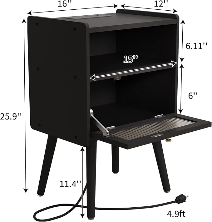 Mid Century Modern Nightstand with Charging Station, Bedside Tables with Glass Decorative Door, End Table Side Table with 2 Tiers Storage Space, for Bedroom, Living Room, Black