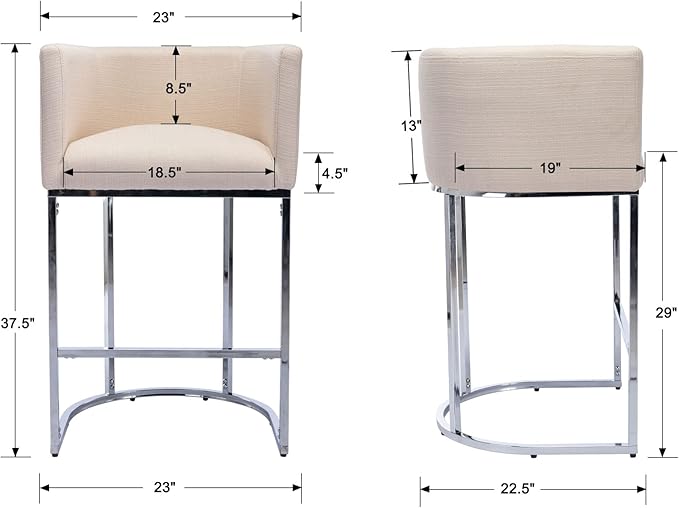 Modern Counter Height Linen Upholstered Bar Stools Set of 3, 29" Kitchen Counter Island Stools Bar Chairs with Chrome Finish Metal Frame for Kitchen Island, Cream