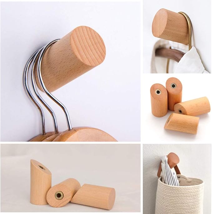 Wood Wall Hooks, 4 Pack Coat Hooks Mounted Rustic Wooden Heavy Duty Robe Hook Hat Rack | for Hanging Bathroom Towels Clothes Hanger (Beech Wood)