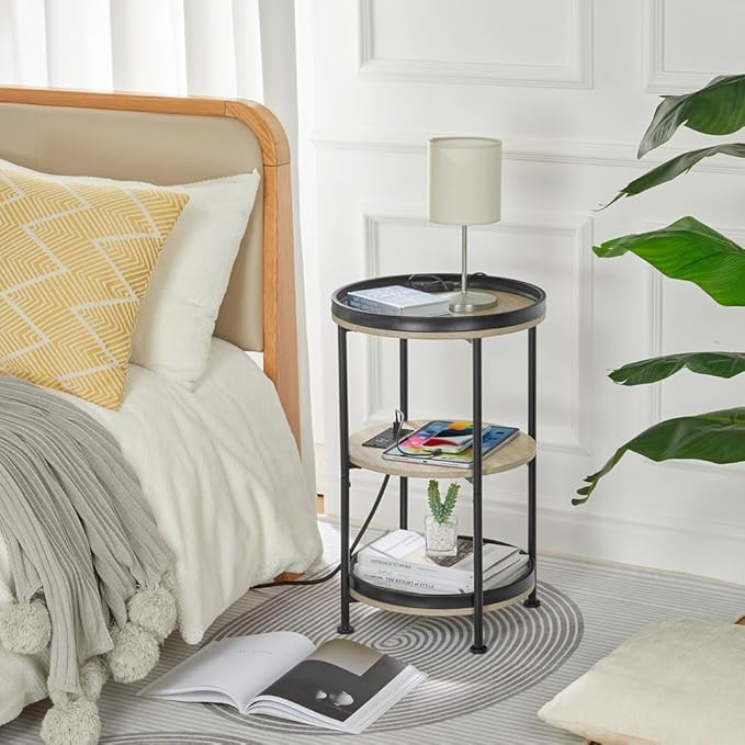 Dulcii Round Side Table with Charging Station, End Table with 3 Shelves for Living Room, Bedroom Nightstand for Small Spaces, Industrial Round Sofa Table with Steel Frame (USB+Oak)