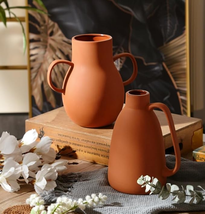 Terracotta Vases Sets of 2,8inch Decorative Ceramic Vases,Rustic Farmhouse Handle Flower Vase,Clay Decorative Vases for Living Room,Table,Shelf
