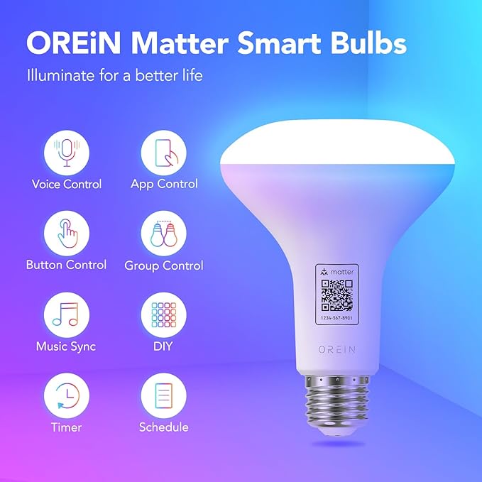 OREiN Matter Smart Light Bulb, BR30 Smart Bulbs with Remote 650LM 60W, Recessed Color Changing Bulbs RGBTW, Smart Flood Light Bulb Compatible with Alexa, Apple Home, Google Home, SmartThings, 4Pack