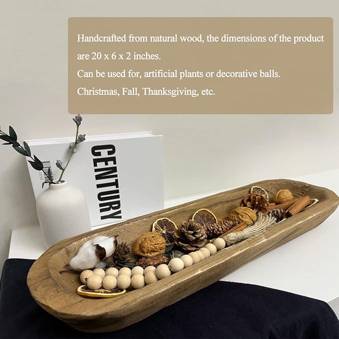 Wooden Dough Bowls Decorative，Rustic Bread Long Bowls Decor Wood Tray, Hand Carved For Table Centerpiece Decor, Home Decor (20 * 6 * 2 inch Brown)