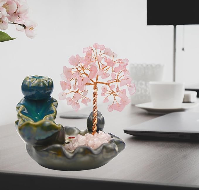 Backflow Incense Holder, Waterfall Incense Burner, Gemstone Money Tree Home Living Room Decorations Office Accessories for Women, Mothers Day Mom Gifts (Rose Quartz)