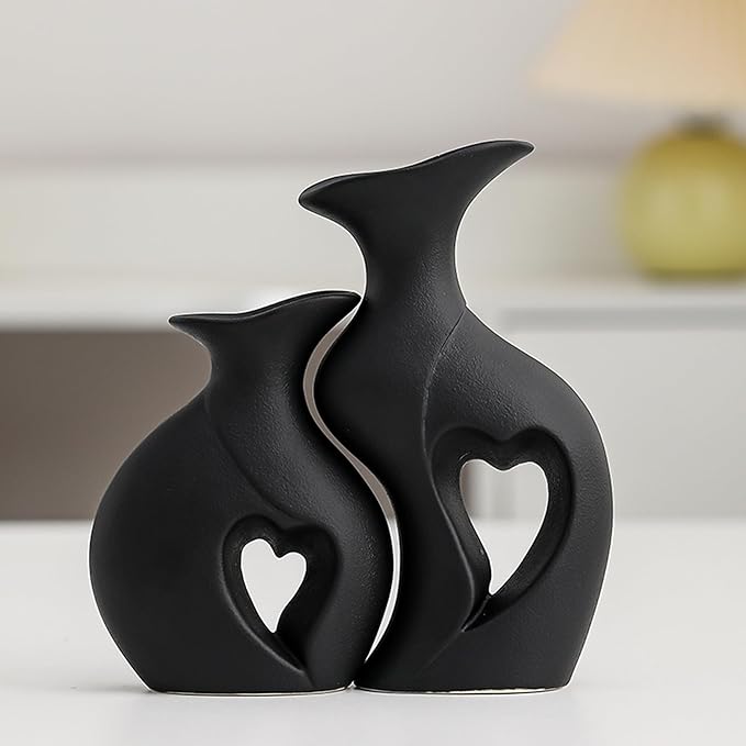 Black Ceramic Vase Set of 2,Filled with Love,Modern Minimalist Bohemian Vases Home Decor，Heart Shape Matte Ceramic Vases for Dinner Table Bookshelf Modern Home Console