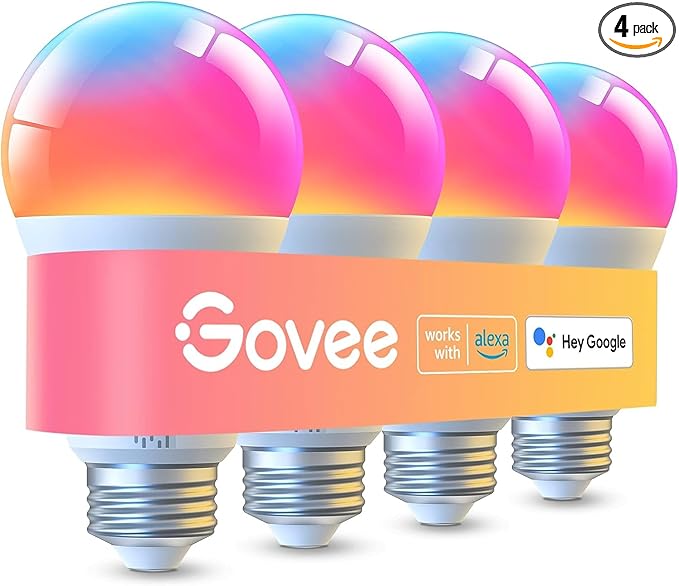 Govee LED Smart Light Bulbs, 1000LM Color Changing Light Bulb, Wi-Fi & Bluetooth Light Bulbs, Work with Alexa and Google Assistant, Dimmable RGBWW A19 75W Equivalent Smart Bulbs, 4 Pack