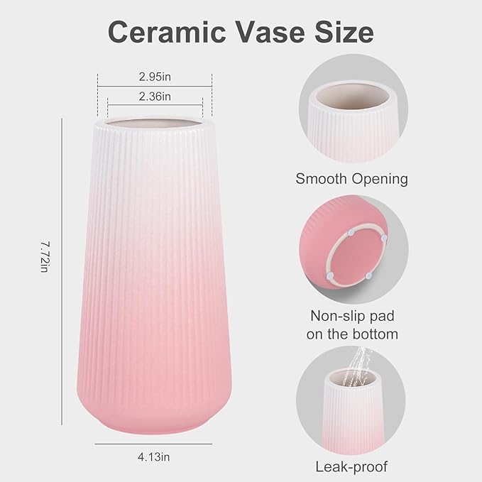 Gradient Pink Ceramic Vase, GUKJOB Small Cute Flower Vase for Pampas Grass, Home, Living Room, Dining Table, Farmhouse, Office Decor, Bedroom, Table, and Kitchen Shelf (Gradient Pink)
