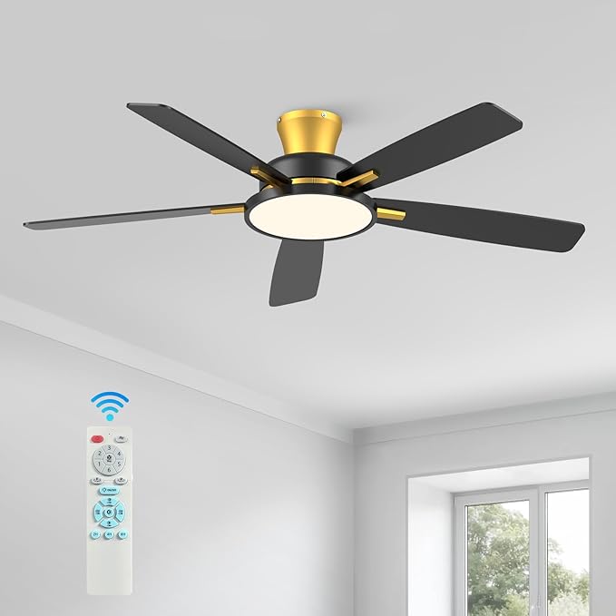 TALOYA 52 inch Ceiling Fans with Lights and Remote,Ultra Silent low profile Ceiling Fan with Three Color Temperature and Dimmable Light with Reversible Blades Black Gold