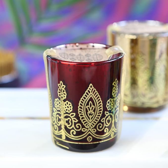 Kate Aspen 20205NA Tealight Henna Glass Votive Candle Holders, Indian Wedding Decorations and Party Favors (Set of 6), Assorted