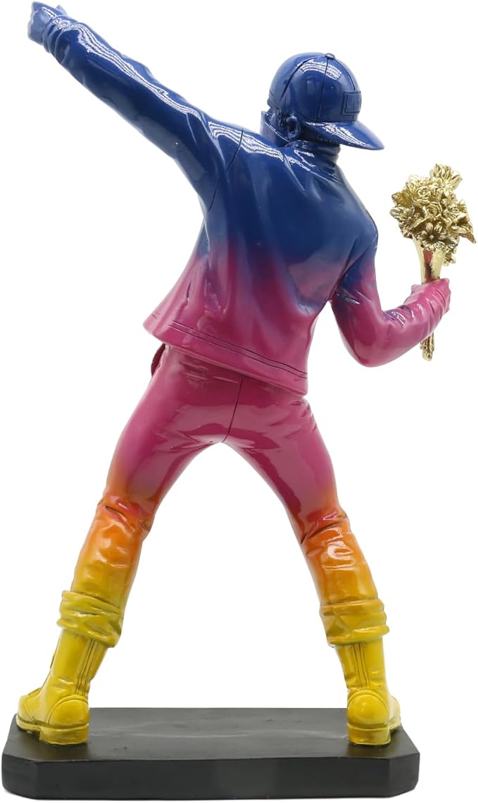 POTAMI Banksy Flower Thrower Sculpture 15.75 inch Graffiti Art Statue with Gold Bouquet Replica Gradient Color Accent Inspirational Home Decor Shelf Gift,Cool Stuff to Put on Shelves