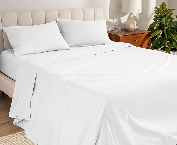 Bare Home 100% Organic Cotton Split King Sheet Set - Crisp Percale Weave - Lightweight & Breathable - Bedding Sheets & Pillowcases (Split King, White)