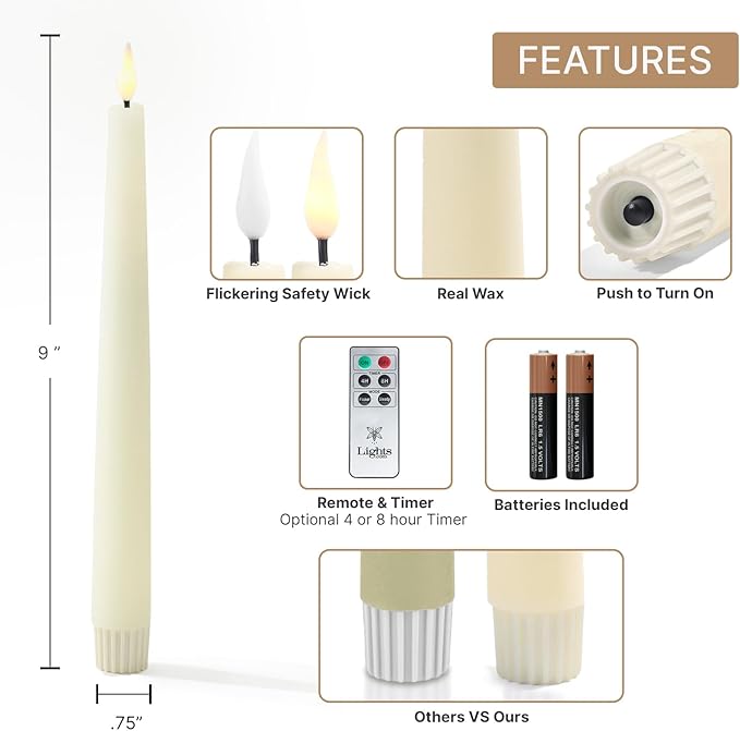 LampLust Flameless Taper Candles, Realistic 3D Flame with Wick, 9 Inch, 4 Pack, Ivory Wax, Flickering Flameless Candle LED, Remote & Timer Included, Home Decor, Winter Decorations for Home