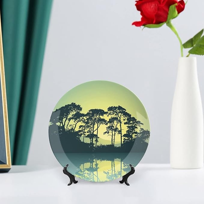 XISUNYA 8 Inch Decorative Plate, Mystic Forest Dinner Plate, Trees Abstract Mountain View and Lake River Print Ceramic Wall Hanging for Home & Office Wall Hanging Decor