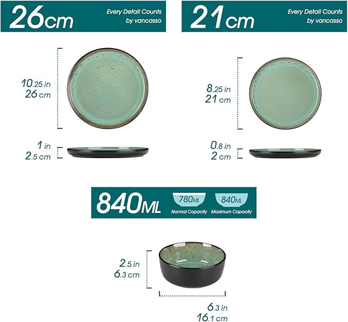 vancasso Plates and Bowls Sets, 18 Pieces Stoneware Dinnerware Sets for 6, Kitchen Dish Set Mircowave and Dishwasher Safe Dinner Set Ceramic Dishware, Turf Green, Series AMBER