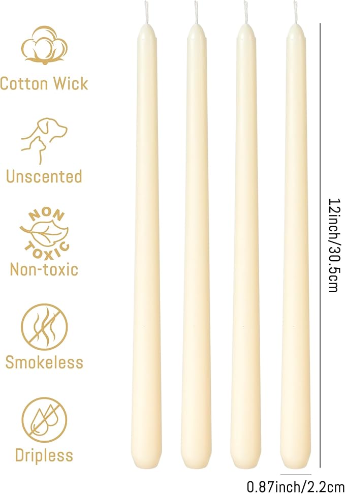 Viyffo Taper Candles 12 Inch – 12 Pack Ivory, Dripless, Unscented, Smokeless – 8 Hour Burn – Tall Candlesticks for Wedding, Dinner, Holiday, Party, Home Decor