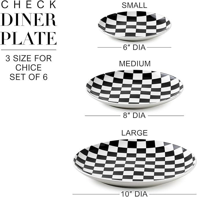Black and White Checkered Small Dessert Plates Set of 6-6 Inch Ceramic Plates, Microwave & Dishwasher Safe, Minimalist Decorative Platters for Desserts