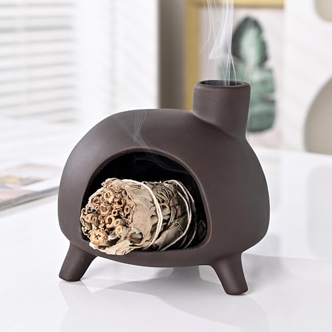 Handmade Ceramic Palo Santo Holder Burner - Mini Chimenea Incense Dish for Palo Santo and Sticks .Sage Holder for for Aromatherapy, Yoga, Meditation Gift and Home Decor (Black)