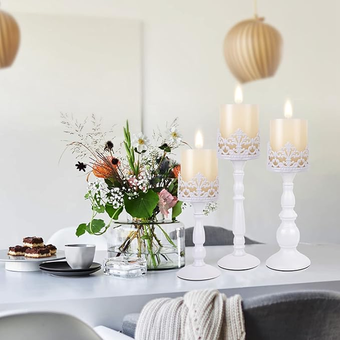 Candle Holders for Pillar Candles Set of 3 White Vintage Tall Candle Holders Decorative Large Table Centerpieces Candle Stand Decor