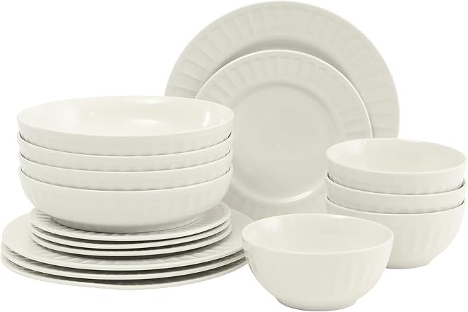 Gibson Home Melbourne White Plates and Bowls Set, 16 Piece Embossed Ceramic Dinnerware Set - Service for 4 Dishes - With Pasta Bowl