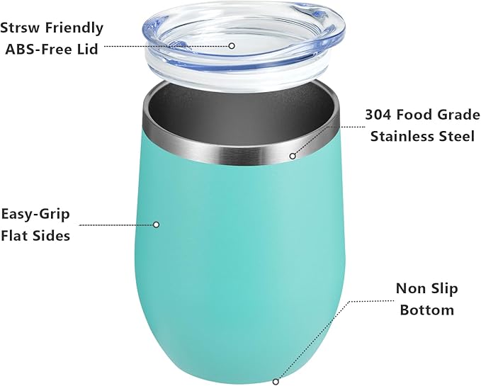 MEWAY 12oz/4 Pack Wine Tumbler Glasses with Lid - Stemless Double Wall Vacuum Stainless Steel Travel Tumbler - Keeping Cold & Hot for Wine,Coffee,Cocktails,Gifts(Light green,Set of 4)