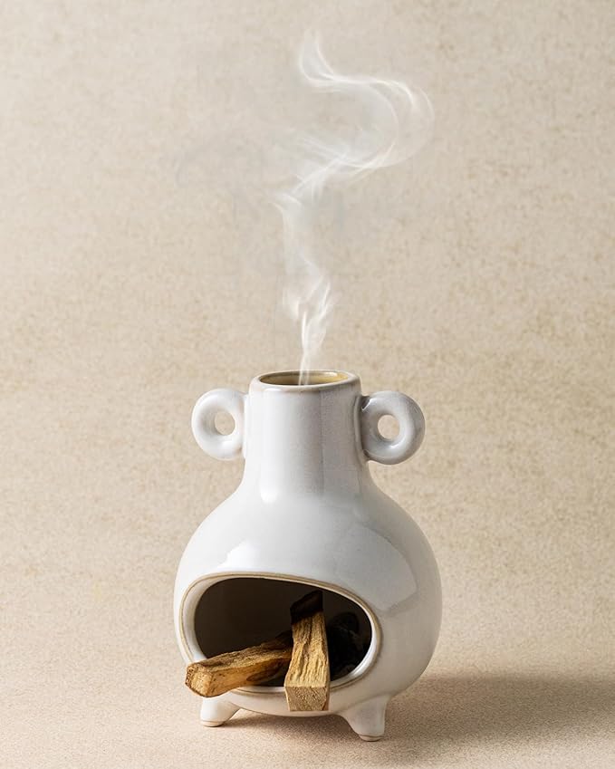 Mini Palo Santo Holder Burner, Ceramic Incense Holder for Sticks Sage Bundles Cone Incense, Chimenea Incense Dish for Yoga Meditation Home Decor, White