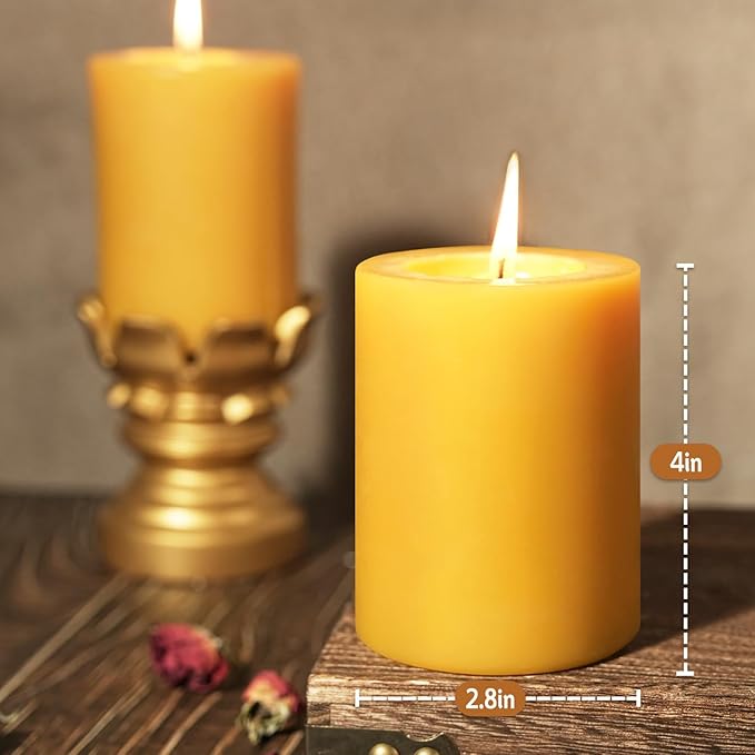 4 Packs Natural Beeswax Pillar Candles, 212 Hours Long Burning Organic Emergency Candle 2.8x4in Unscented Pillar Candles 100% Pure Bees Wax Candles for Home Paryer