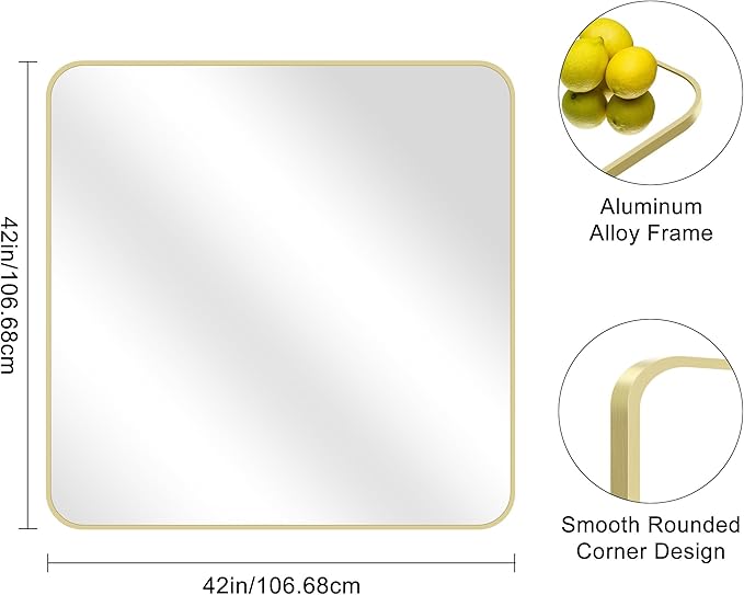 Gold Bathroom Mirror, 42x42 Inch Metal Framed Square Mirror, Rounded Corner Gold Vanity Mirror, Large Wall Mounted Mirrors for Living Room Bedroom Entryway Hangs Horizontal or Vertical