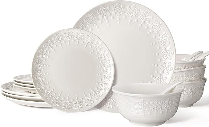 Plates and Bowls Sets - 16 Pieces Ceramic Dinnerware Sets for 4, Embossed White Dish Set Porcelain Kitchen Dishware Sets Dishwasher & Microwave Safe (Snowflake)