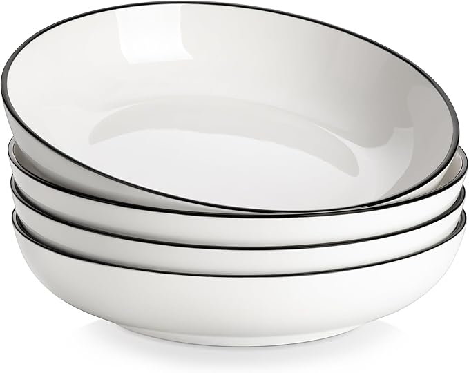 MALACASA 10" Large Pasta Bowls, 56 OZ White Salad Bowls Soup Bowls, Porcelain Serving Bowls Set of 4, Ivory White & Black Rim, Microwave & Dishwasher Safe, Series REGULAR