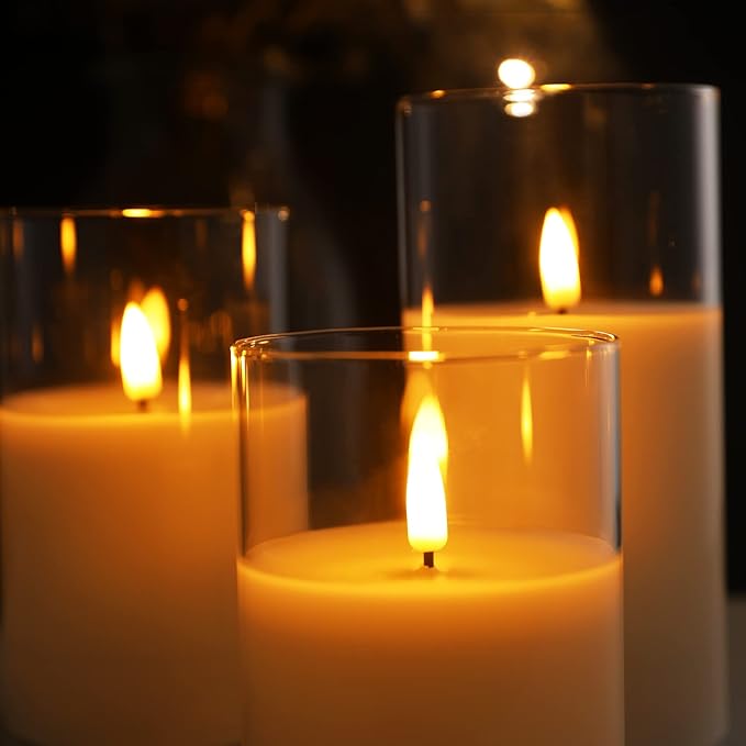 Eywamage Clear Glass Flameless Candles with Remote Timer, Flickering Battery LED Pillar Candles Set of 3