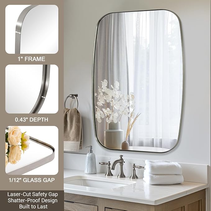 ANDY STAR Brushed Nickel Bathroom Mirror, Large 24x36’’ Brushed Nickel Metal Framed Oblong Wall Mirror, Modern Nickel Oval Vanity Mirror