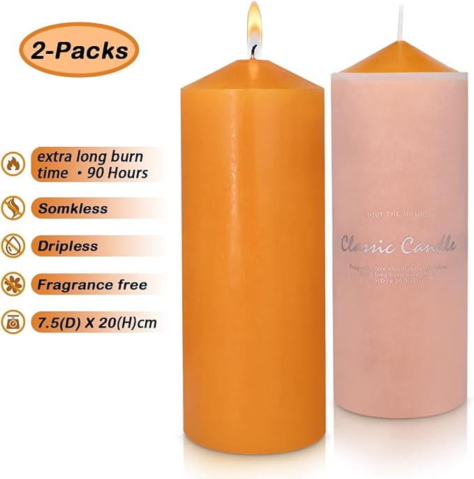 Pillar Candles Set of 2, 3x8 inches Unscented Large Orange Candle,Tall Candles Bulk, Home Wedding Decor Candles