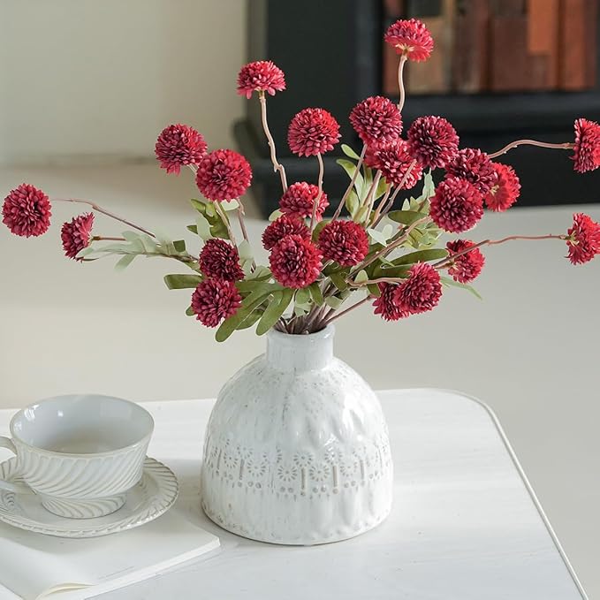 Artificial Kiku Flower Burgundy - 5 Pcs Fake Pompon Mums Silk Small Chrysanthemum Faux Ball Fall Flower Stem Decor for Autumn Wedding Filler DIY Bouquet Centerpieces Arrangements Shower (Burgundy)