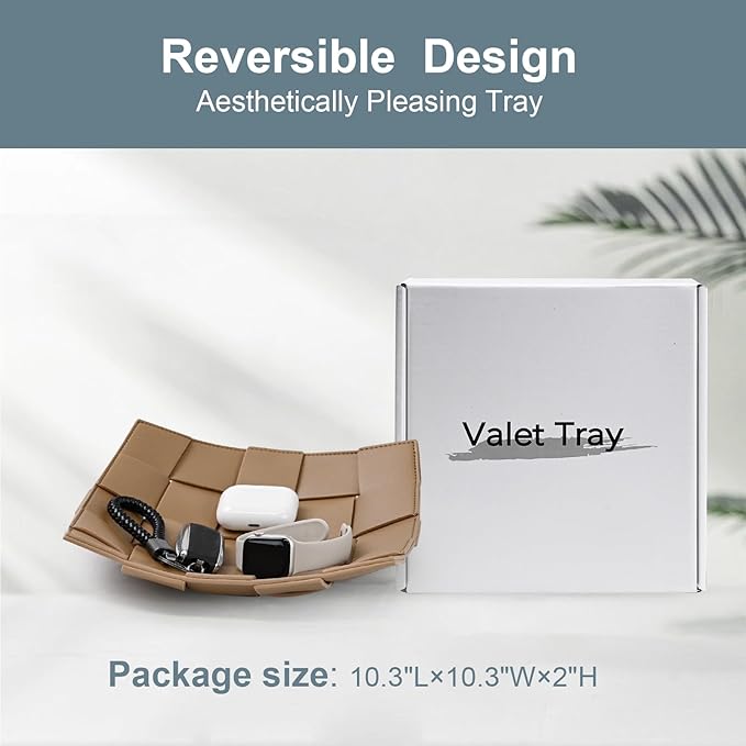 Valet Tray PU Leather Key Holder Bowl for Men and Women Entryway Table Nightstand Catchall Storage Organizer Tray for Wallet, Keys, Jewelry, Coins - Coffee, 9.8" L x 9.8" W x 2" H