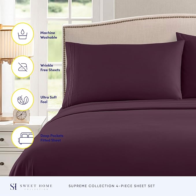 Split King Sheets - Breathable Luxury Sheets with Full Elastic & Secure Corner Straps Built In - 1800 Supreme Collection Extra Soft Deep Pocket Bedding Set, Sheet Set, Split King Size, Purple