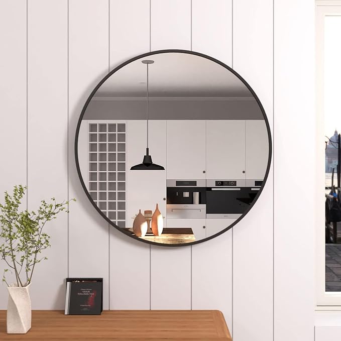 36 inch Large Black Round Mirror for Wall Decor, Brushed Metal Framed Circle Mirror for Bathroom, Vanity, Bedroom, Living Room, Entryway Decor