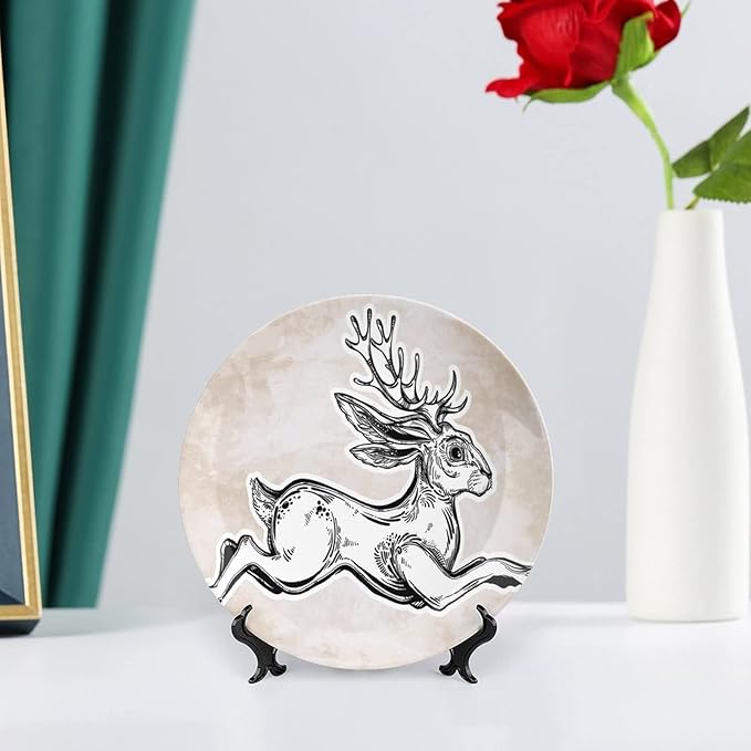 XISUNYA 6 Inch Decorative Plate, Antler Decor Ceramic Stoneware, Magical Creature Running Sketch Mythology Print Ceramic Wall Hanging for Home Office Party Dinner Table Decor